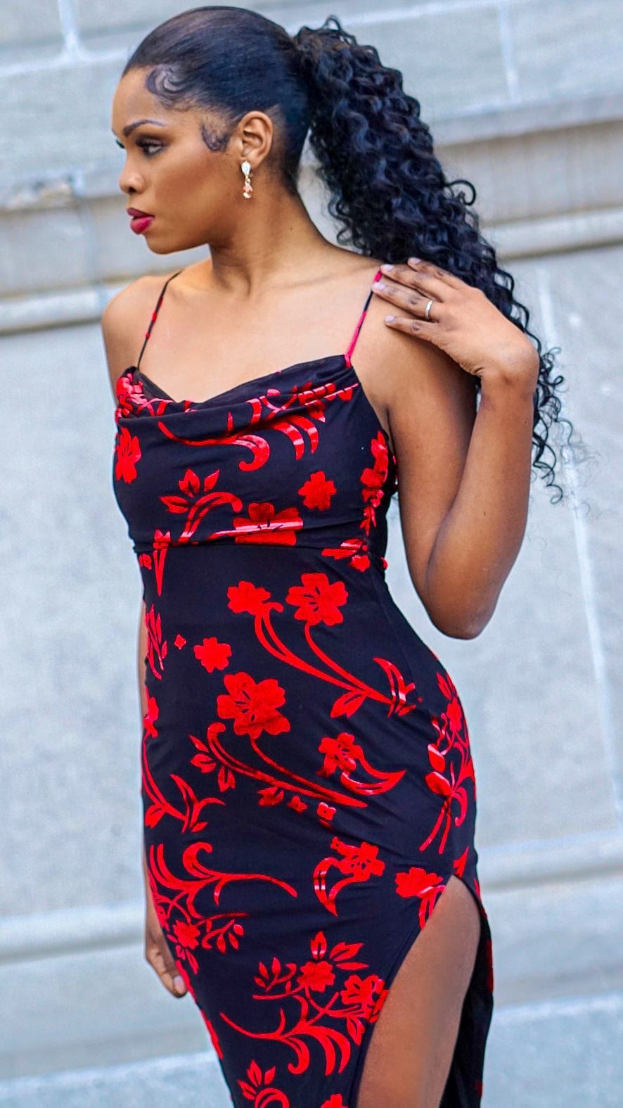 Model is wearing Sexy Mesh midi dress with Flocking Cowl Velvet floral print Sexy Mesh Red and Black midi dress with Flocking Cowl Velvet floral print She's Elegant 
