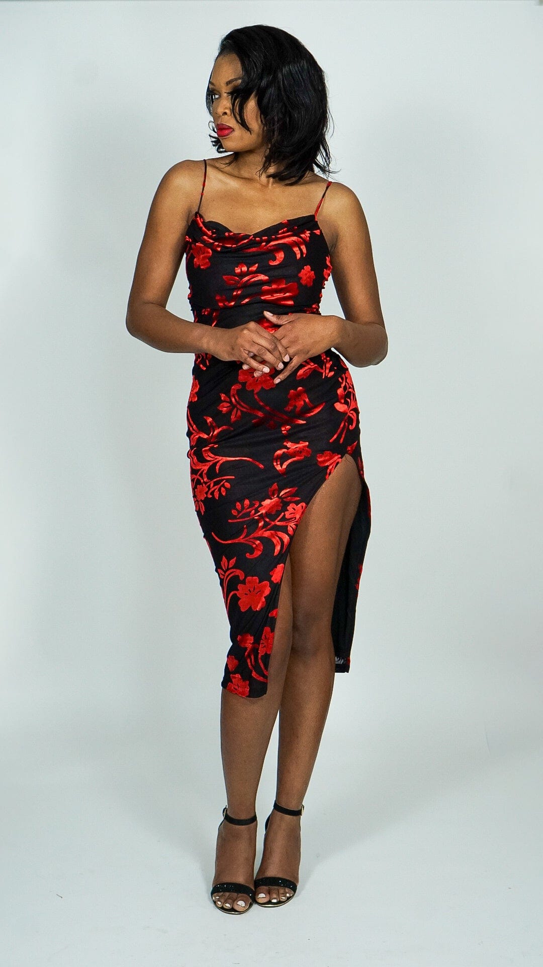 Model is wearing Sexy Mesh midi dress with Flocking Cowl Velvet floral print She's Elegant 